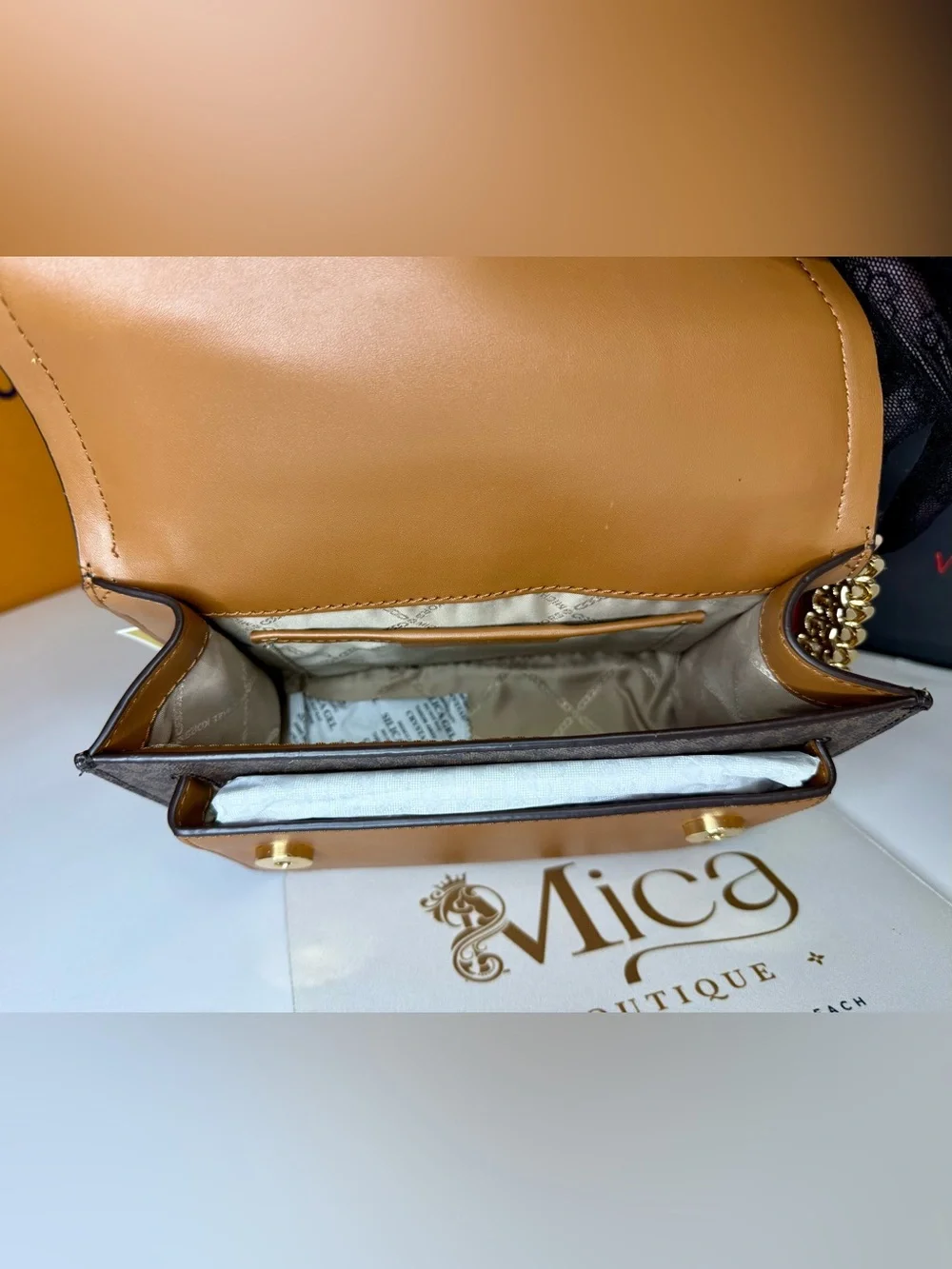 🆕MICHAEL KORS Ladies Heather Extra-Small Logo Leather Crossbody Bag Brown/Acorn